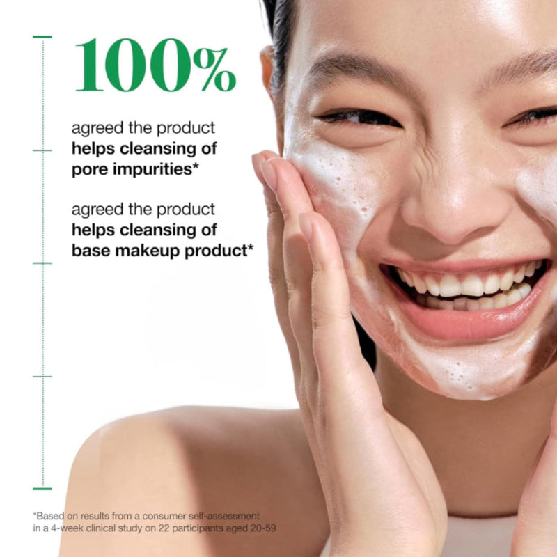 Woman applying a skincare product with text about product effectiveness on a white background
