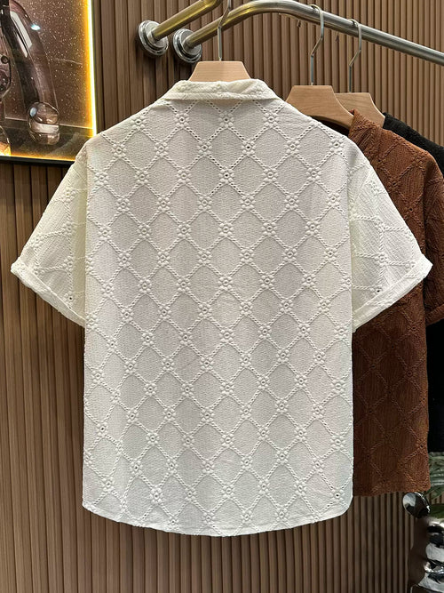 Back view of the Common Theory Riviera Textured Resort Shirt in Ivory featuring textured knit fabric.