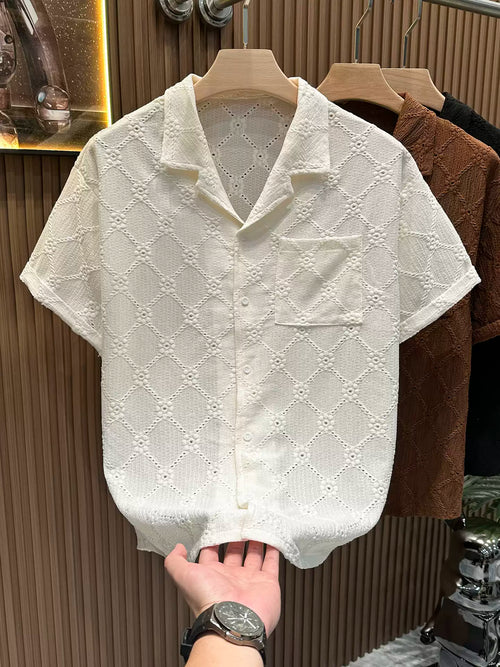 Common Theory Riviera Textured Resort Shirt in Ivory with diamond-textured fabric and relaxed resort collar.