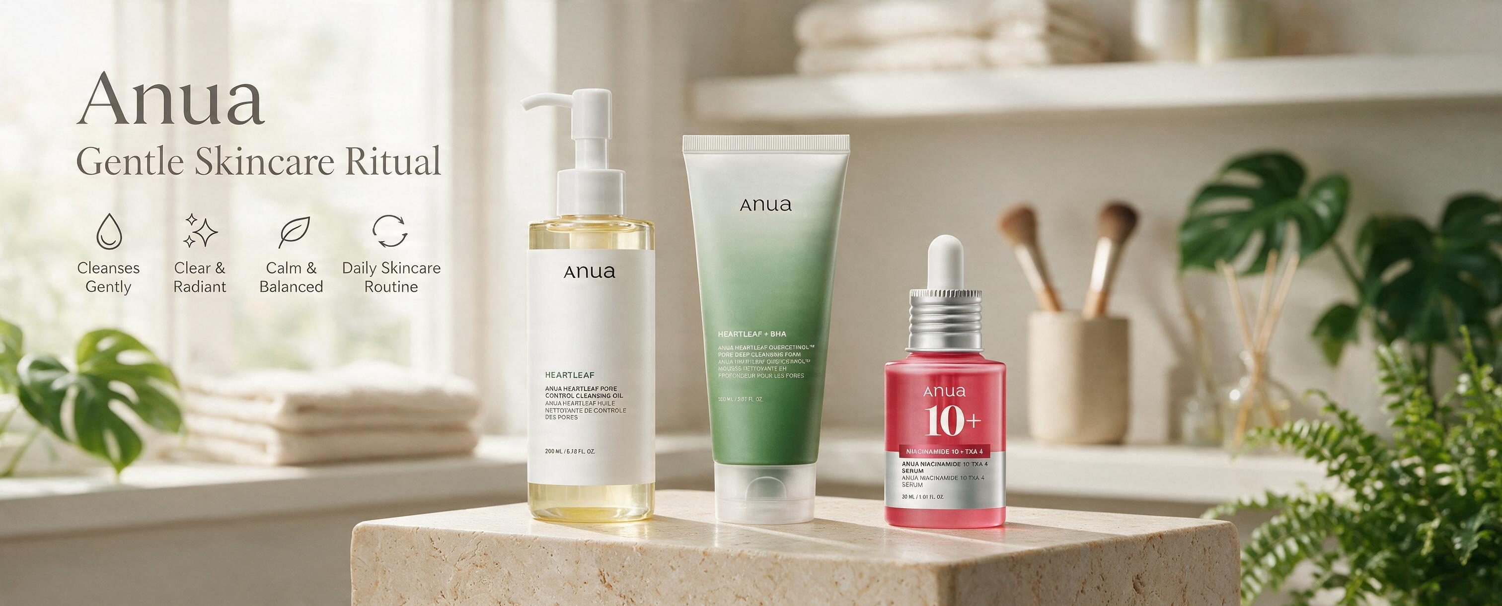 Three Anua skincare products displayed on a stone pedestal in a bright, styled bathroom setting: a clear pump bottle with pale yellow liquid, a green-to-white tube, and a pink dropper bottle labeled 10%.